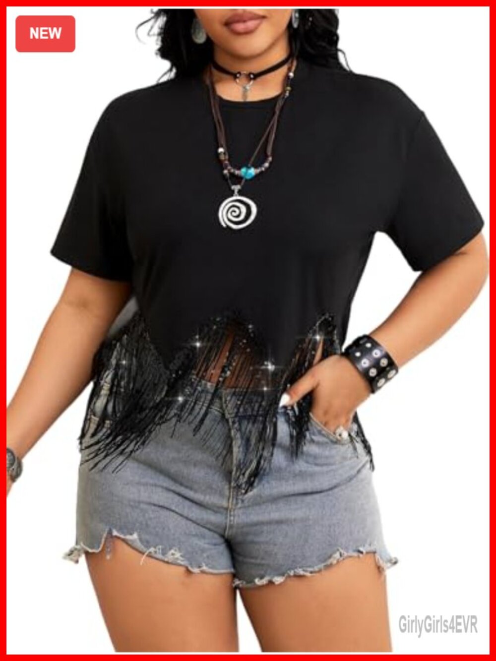 SHENHE Plus Size Fringe Top Sequin Tassel Tee Rave Crop Top Short Sleeve